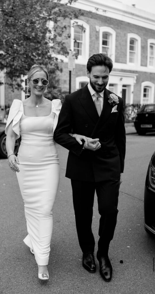 bride and groom crossing street