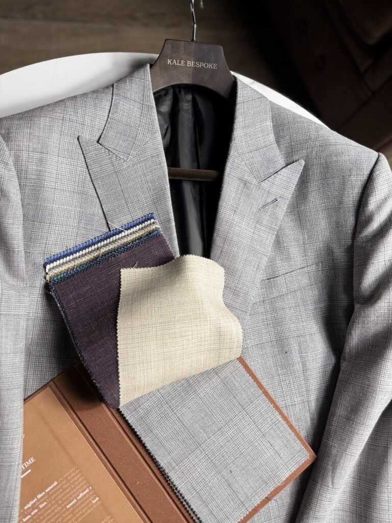 Loro Piana Summer time Wool,silk,linen grey check blazer.peaked lapel.Kale bespoke